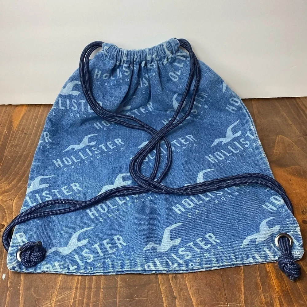 Y2K Style Hollister Bag Drawstring Denim Jean Backpack with‎ Logo
